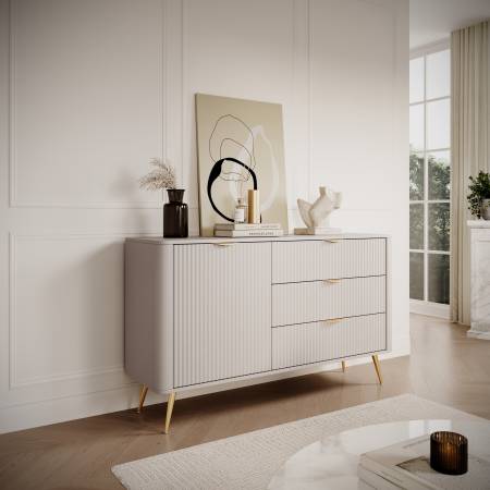 Komoda 138 cm szuflady ryflowane fronty beż + złoty zaokrąglone boki  LANETT